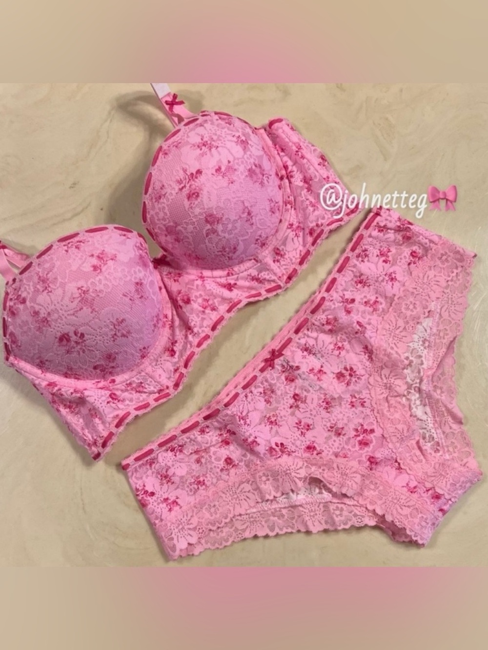 🌸PINK x LoveShackFancy Pink Floral Balconette Push-Up Bra & Cheeky Panty 32B S/M
